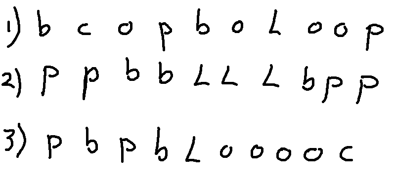 (1) bcopboLoop, (2) ppbbLLLbpp, (3) = pbpbLooooc