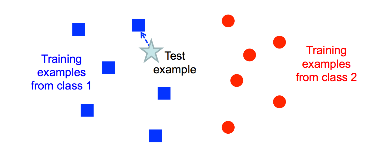 2D plot of training example of 2 types and a test example