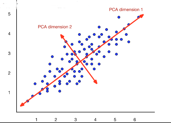 noisy pattern of 2D data and th first two principal components