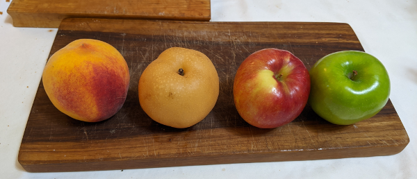 peach, asian pear, red apple, green apple