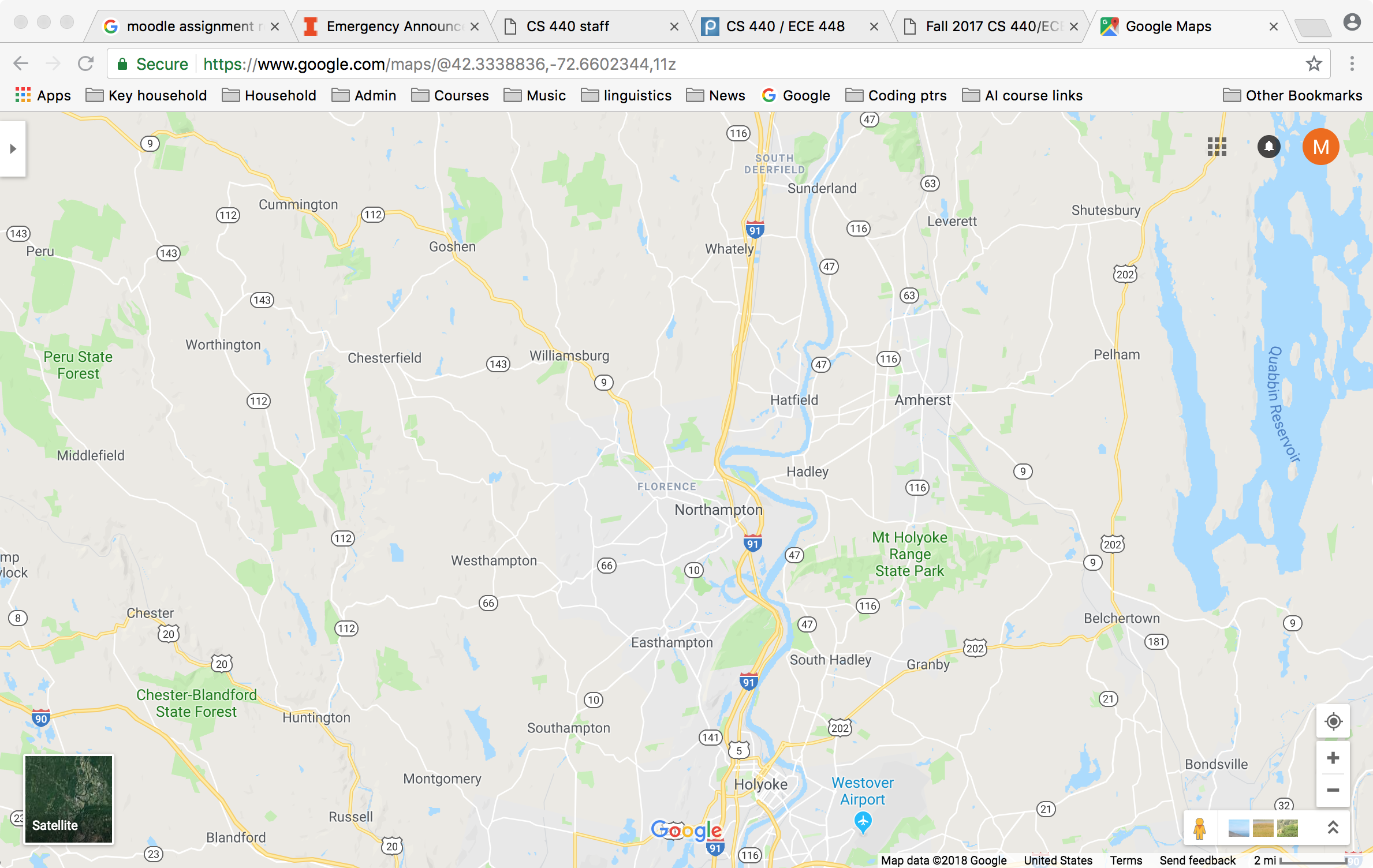 google map display of area around Northampton MA