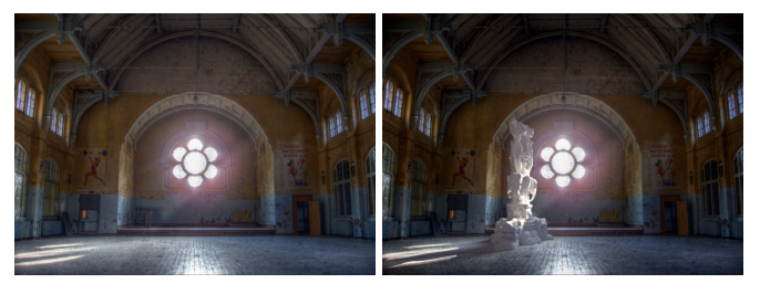 a picture of hall; same picture with synthetic sculpture added