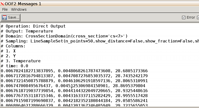 Message window with temperature cross-sections